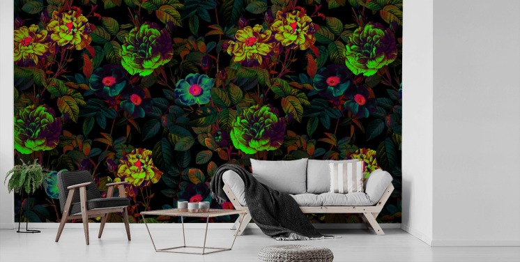 neon floral wallpaper mural called Neon Night Garden by Burcu Korkmazyurek for bedrooms, living rooms and bathrooms