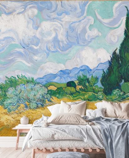 murale d'arte chiamato A Wheatfield with Cypresses di Vincent Van Gogh per camere da letto e salotti murale d'arte chiamato A Wheatfield with Cypresses di Vincent Van Gogh per camere da letto e salotti