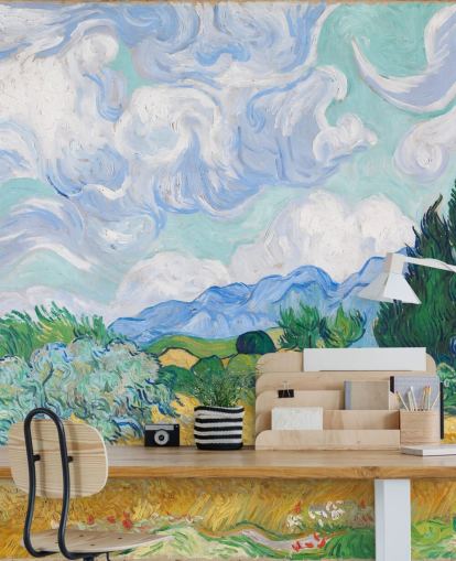 fresque murale d'art intitulée Un champ de blé avec des cyprès de Vincent Van Gogh pour les chambres et les salons fresque murale d'art intitulée Un champ de blé avec des cyprès de Vincent Van Gogh pour les chambres et les salons
