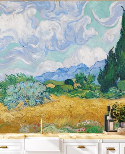 Kunsttapete mit dem Titel A Wheatfield with Cypress von Vincent Van Gogh für Schlafzimmer und Lounges Kunsttapete mit dem Titel A Wheatfield with Cypress von Vincent Van Gogh für Schlafzimmer und Lounges