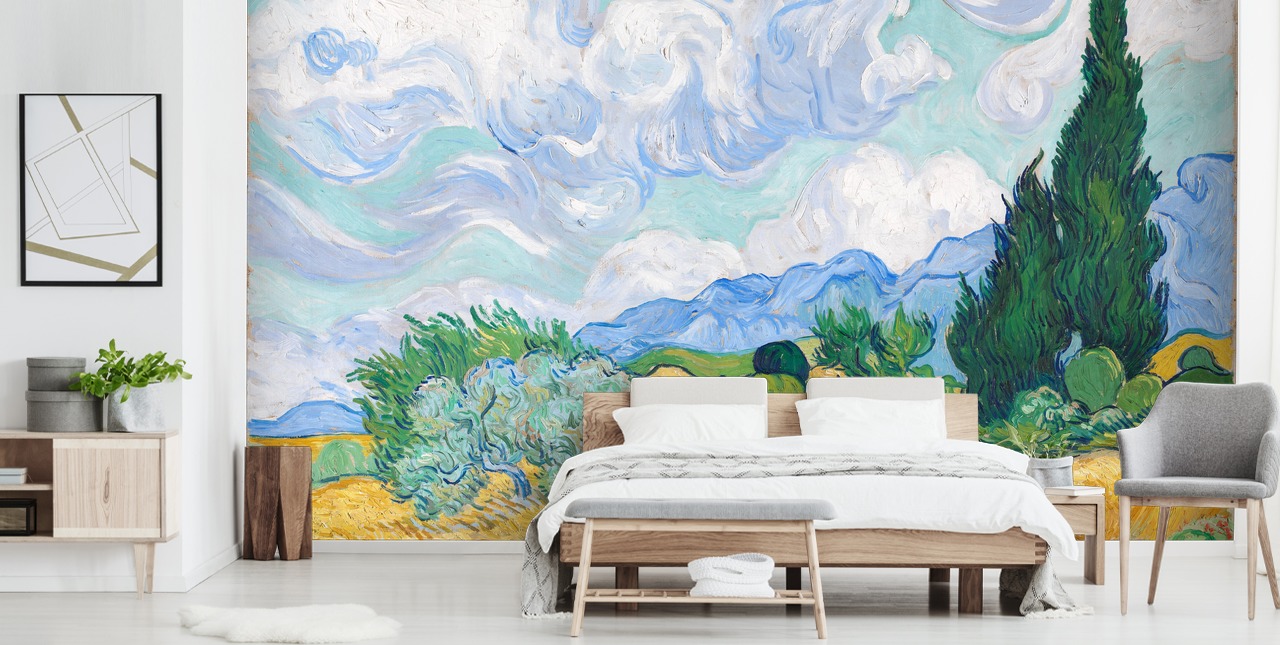mural de pared de bellas artes llamado Un campo de trigo con cipreses de Vincent Van Gogh para dormitorios y salones mural de pared de bellas artes llamado Un campo de trigo con cipreses de Vincent Van Gogh para dormitorios y salones