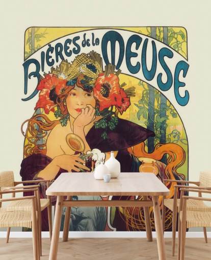 fine art wallpaper mural called Bieres de la Meuse by Alphonse Mucha by lounges and bedrooms fine art wallpaper mural called Bieres de la Meuse by Alphonse Mucha by lounges and bedrooms