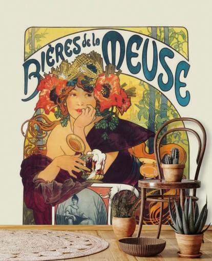 fine art wallpaper mural called Bieres de la Meuse by Alphonse Mucha by lounges and bedrooms fine art wallpaper mural called Bieres de la Meuse by Alphonse Mucha by lounges and bedrooms
