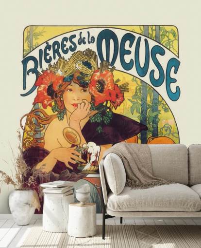fine art wallpaper mural called Bieres de la Meuse by Alphonse Mucha by lounges and bedrooms fine art wallpaper mural called Bieres de la Meuse by Alphonse Mucha by lounges and bedrooms