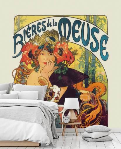 fine art wallpaper mural called Bieres de la Meuse by Alphonse Mucha by lounges and bedrooms fine art wallpaper mural called Bieres de la Meuse by Alphonse Mucha by lounges and bedrooms