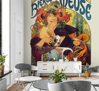 kunsttapet vægmaleri kaldet Bieres de la Meuse af Alphonse Mucha ved lounger og soveværelser