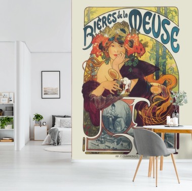 fine art wallpaper mural called Bieres de la Meuse by Alphonse Mucha by lounges and bedrooms