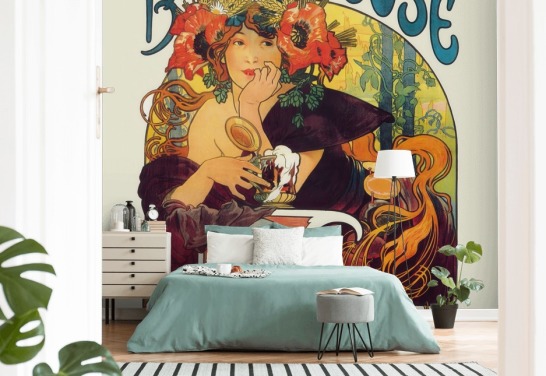 kunsttapet vægmaleri kaldet Bieres de la Meuse af Alphonse Mucha ved lounger og soveværelser