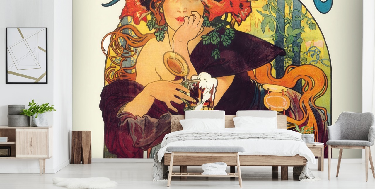 fine art wallpaper mural called Bieres de la Meuse by Alphonse Mucha by lounges and bedrooms
