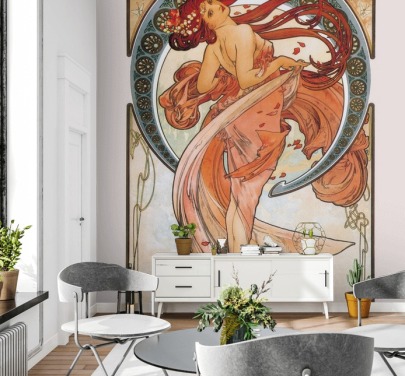 art nouveau tapetväggmålning kallad Dance (Rose) av Alphonse Mucha för lounger och sovrum