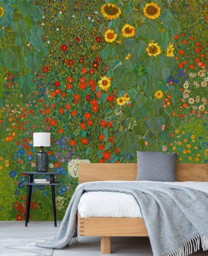 Gustav Klimtin taidetaustakuvamaalaus nimeltä Farm Garden with Sunflowers, kirjoittanut Gustav Klimt makuuhuoneisiin, keittiöihin ja oleskelutiloihin Gustav Klimtin taidetaustakuvamaalaus nimeltä Farm Garden with Sunflowers, kirjoittanut Gustav Klimt makuuhuoneisiin, keittiöihin ja oleskelutiloihin