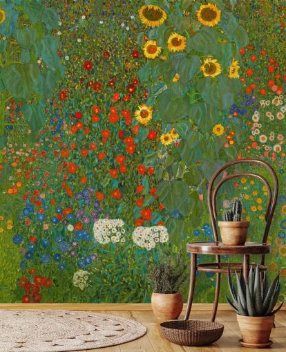 Gustav Klimtin taidetaustakuvamaalaus nimeltä Farm Garden with Sunflowers, kirjoittanut Gustav Klimt makuuhuoneisiin, keittiöihin ja oleskelutiloihin Gustav Klimtin taidetaustakuvamaalaus nimeltä Farm Garden with Sunflowers, kirjoittanut Gustav Klimt makuuhuoneisiin, keittiöihin ja oleskelutiloihin