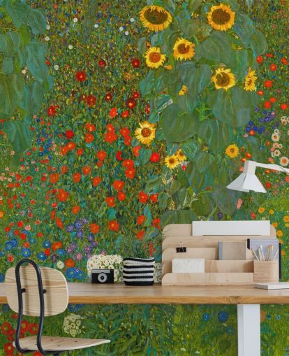 fine art behangmuurschildering genaamd Farm Garden with Sunflowers van Gustav Klimt voor slaapkamers, keukens en lounges fine art behangmuurschildering genaamd Farm Garden with Sunflowers van Gustav Klimt voor slaapkamers, keukens en lounges