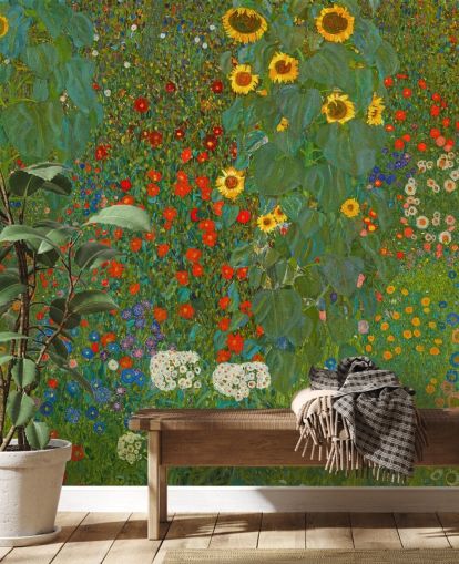 fine art behangmuurschildering genaamd Farm Garden with Sunflowers van Gustav Klimt voor slaapkamers, keukens en lounges fine art behangmuurschildering genaamd Farm Garden with Sunflowers van Gustav Klimt voor slaapkamers, keukens en lounges