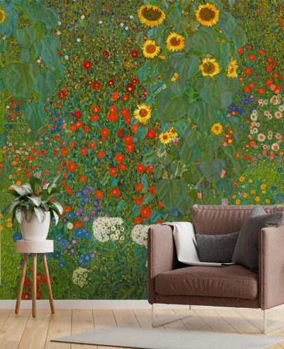 kunsttapet veggmaleri kalt Farm Garden with Solsikker av Gustav Klimt for soverom, kjøkken og salonger kunsttapet veggmaleri kalt Farm Garden with Solsikker av Gustav Klimt for soverom, kjøkken og salonger