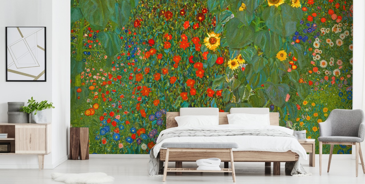 kunsttapet vægmaleri kaldet Farm Garden with Solsikker af Gustav Klimt til soveværelser, køkkener og stuer kunsttapet vægmaleri kaldet Farm Garden with Solsikker af Gustav Klimt til soveværelser, køkkener og stuer