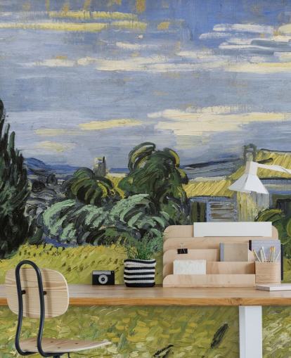 fine art behangmuurschildering genaamd Landschap met groene maïs van Vincent van Gogh voor slaapkamers, woonkamers en kantoren aan huis fine art behangmuurschildering genaamd Landschap met groene maïs van Vincent van Gogh voor slaapkamers, woonkamers en kantoren aan huis