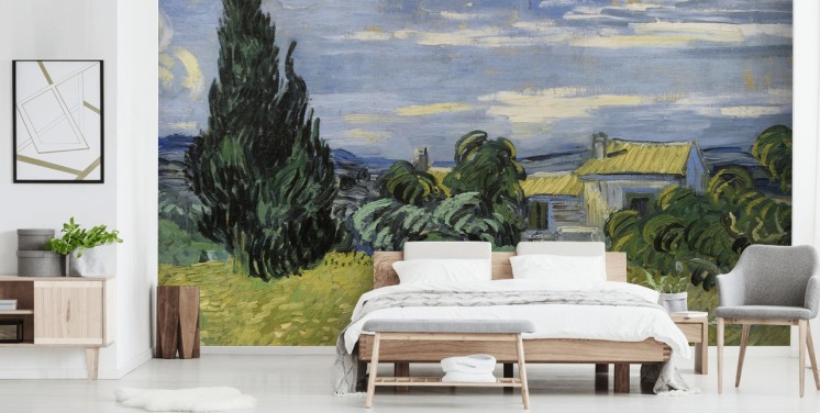 kunsttapet vægmaleri kaldet Landskab med grøn majs af Vincent van Gogh til soveværelser, stuer og hjemmekontorer