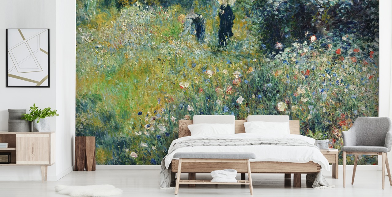 fine art wall mural called Woman with a Parasol in a Garden by Pierre-Auguste Renoir for lounges and bedrooms