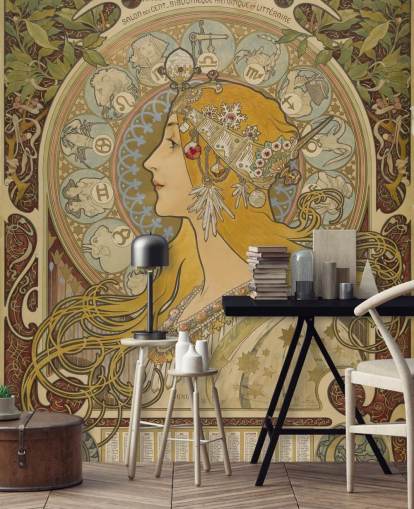 kunsttapet vægmaleri kaldet Zodiaque (La Plume) af Alphonse Mucha til hjem og virksomheder kunsttapet vægmaleri kaldet Zodiaque (La Plume) af Alphonse Mucha til hjem og virksomheder