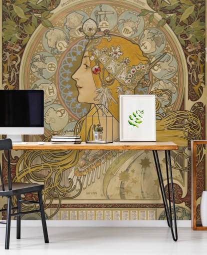 fine art wallpaper mural called Zodiaque (La Plume) by Alphonse Mucha for homes and businesses fine art wallpaper mural called Zodiaque (La Plume) by Alphonse Mucha for homes and businesses