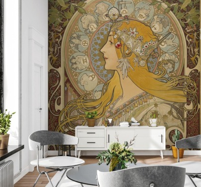 kunsttapet vægmaleri kaldet Zodiaque (La Plume) af Alphonse Mucha til hjem og virksomheder