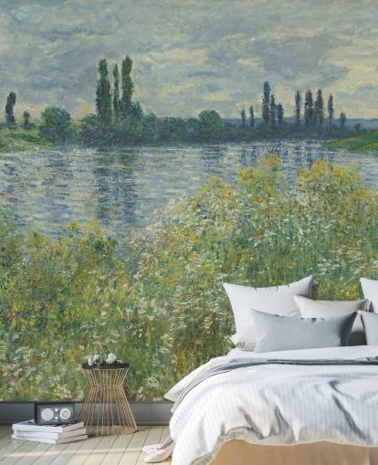 fine art wallpaper mural called Banks of the Seine, Vetheuil by Claude Monet for bedrooms and living rooms fine art wallpaper mural called Banks of the Seine, Vetheuil by Claude Monet for bedrooms and living rooms