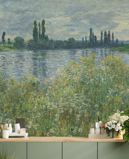 carta da parati fine art chiamata Banks of the Seine, Vetheuil di Claude Monet per camere da letto e salotti carta da parati fine art chiamata Banks of the Seine, Vetheuil di Claude Monet per camere da letto e salotti