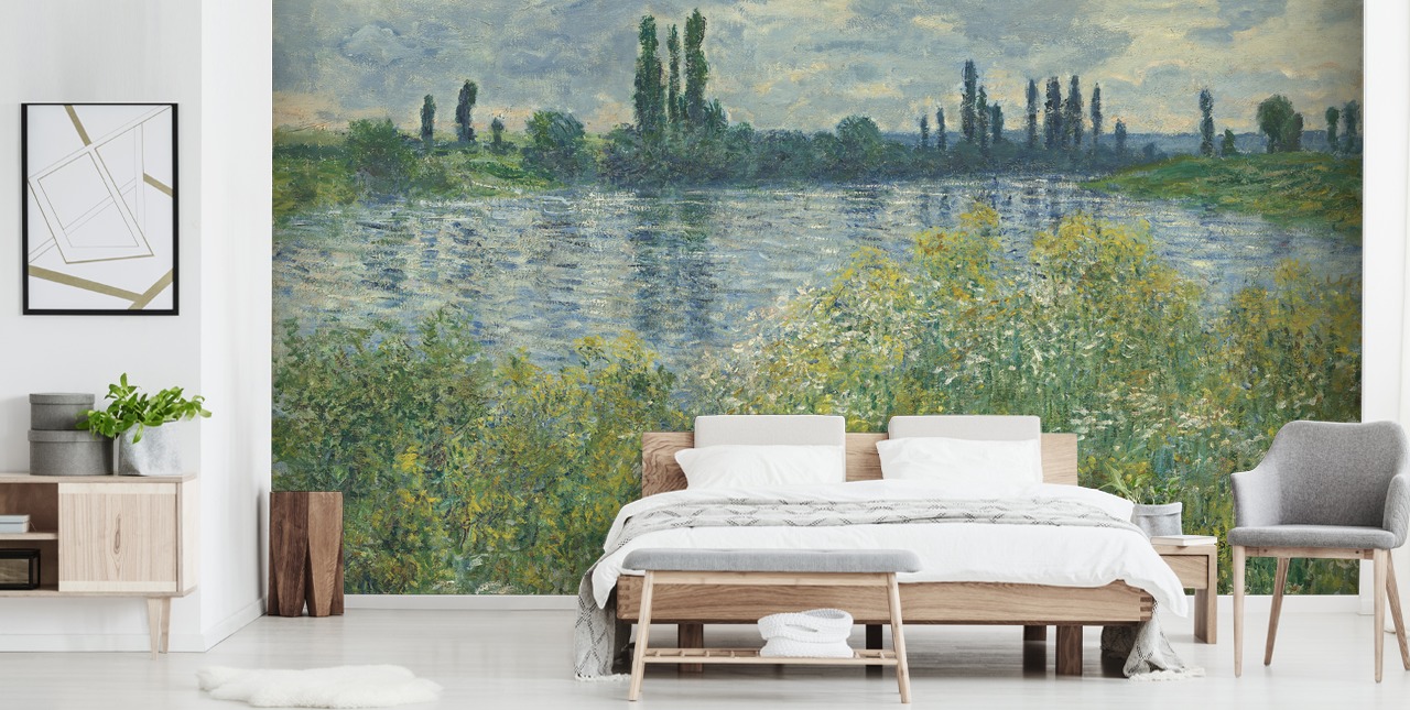 fine art wallpaper mural called Banks of the Seine, Vetheuil by Claude Monet for bedrooms and living rooms fine art wallpaper mural called Banks of the Seine, Vetheuil by Claude Monet for bedrooms and living rooms