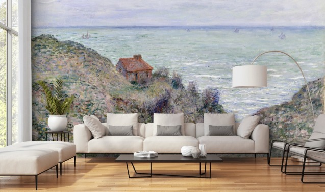 kunstvægmaleri kaldet Cabin of the Customs Watch af Claude Monet