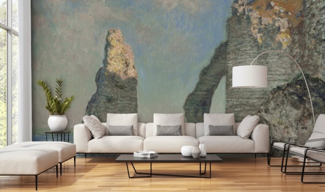 kunstmuurschildering genaamd The Cliffs at Etretat van Claude Monet voor slaapkamers en badkamers