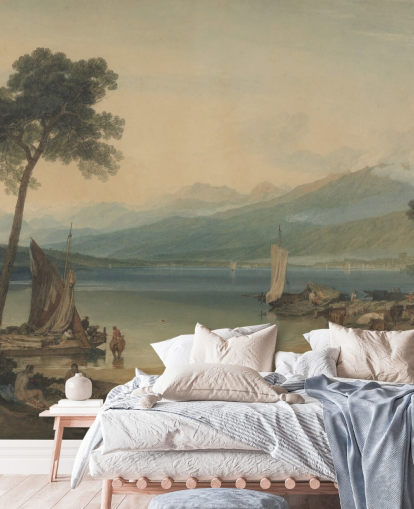 Kunsttapete mit dem Titel Genfersee und Mont Blanc von J. M. W. Turner für Schlafzimmer und Lounges Kunsttapete mit dem Titel Genfersee und Mont Blanc von J. M. W. Turner für Schlafzimmer und Lounges