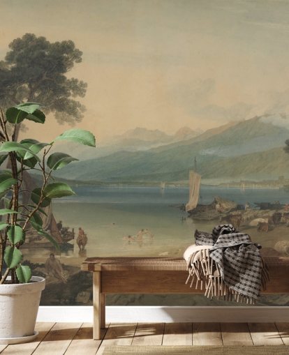 fine art behangmuurschildering genaamd Lake Geneva and Mont Blanc van J.M. W. Turner voor slaapkamers en lounges fine art behangmuurschildering genaamd Lake Geneva and Mont Blanc van J.M. W. Turner voor slaapkamers en lounges