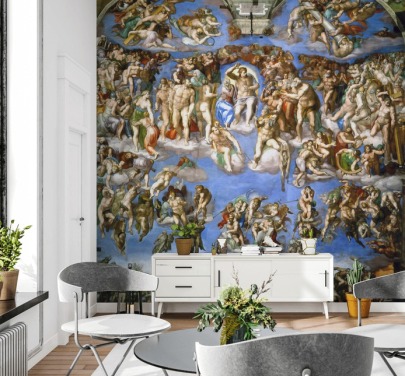 konsttapet väggmålning som heter The Last Judgment av Michelangelo för tak