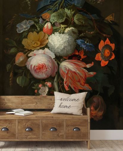 mural de papel de parede floral chamado A Hanging Bouquet of Flowers de Abraham Mignon para quartos e salas de estar mural de papel de parede floral chamado A Hanging Bouquet of Flowers de Abraham Mignon para quartos e salas de estar