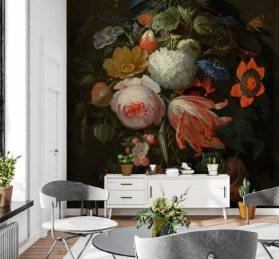 Blumentapete mit dem Titel A Hanging Bouquet of Flowers von Abraham Mignon für Schlafzimmer und Wohnzimmer
