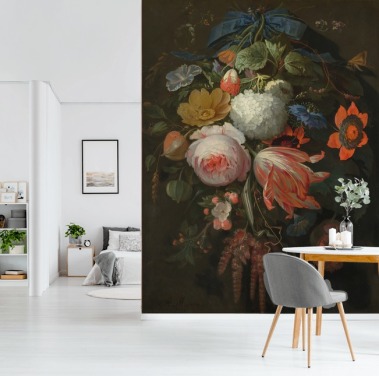 Abraham Mignonin kukka-taustakuvamaalaus nimeltä A Hanging Bouquet of Flowers makuuhuoneisiin ja olohuoneisiin