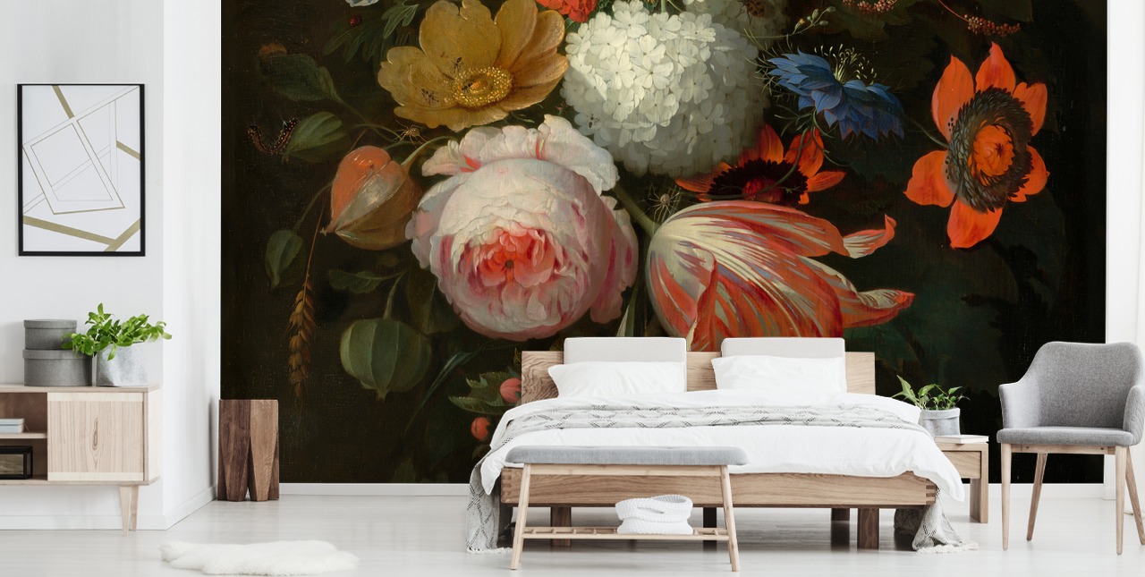 mural de papel de parede floral chamado A Hanging Bouquet of Flowers de Abraham Mignon para quartos e salas de estar mural de papel de parede floral chamado A Hanging Bouquet of Flowers de Abraham Mignon para quartos e salas de estar