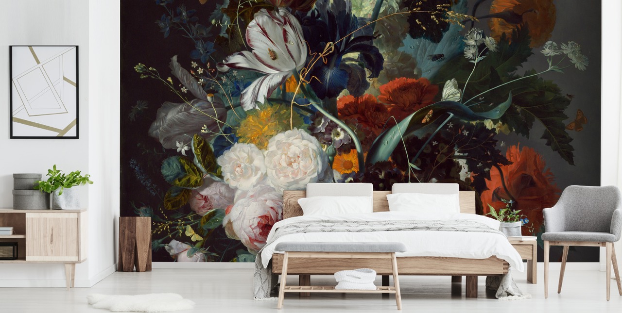 floral wallpaper called Still Life with Flowers and Fruit (1715) by Jan van Huysum for bedrooms and  floral wallpaper called Still Life with Flowers and Fruit (1715) by Jan van Huysum for bedrooms and