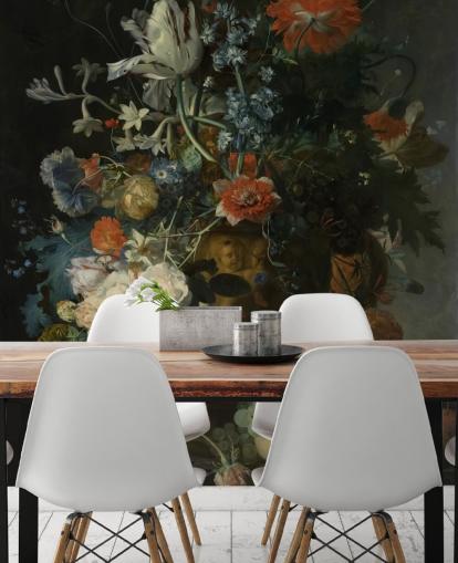 floral wallpaper mural called Still Life with Flowers and Fruit (1721) by Jan van Huysum for living rooms, hallways and bathrooms floral wallpaper mural called Still Life with Flowers and Fruit (1721) by Jan van Huysum for living rooms, hallways and bathrooms