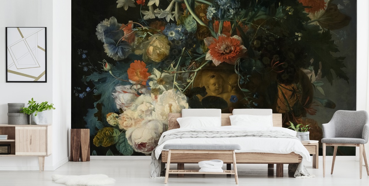 floral wallpaper mural called Still Life with Flowers and Fruit (1721) by Jan van Huysum for living rooms, hallways and bathrooms floral wallpaper mural called Still Life with Flowers and Fruit (1721) by Jan van Huysum for living rooms, hallways and bathrooms