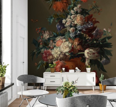 blommig tapetväggmålning kallad Vase of Flowers II av Jan van Huysum för sovrum