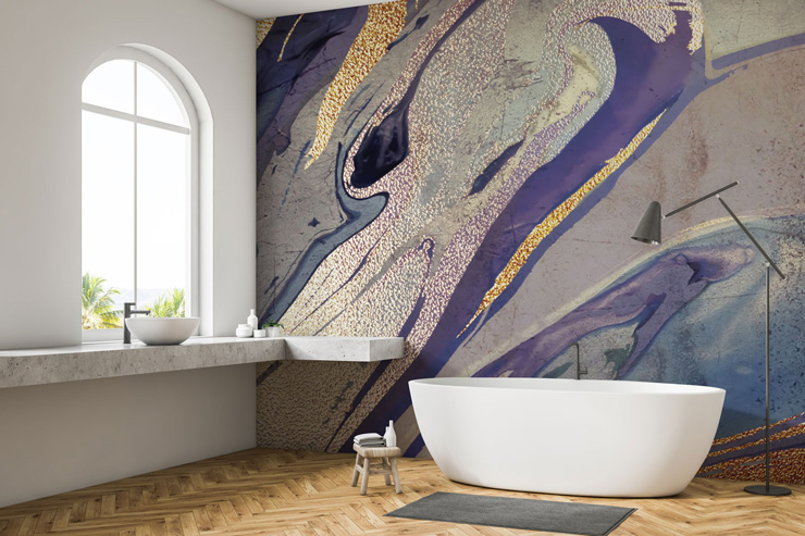 luxurious gold and purple wallpaper in white bathroom