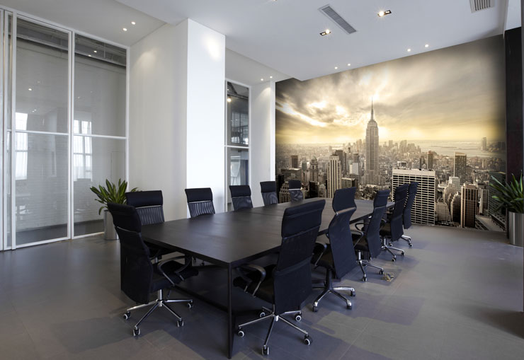 manhattan cityscape wallpaper in large modern meeting room