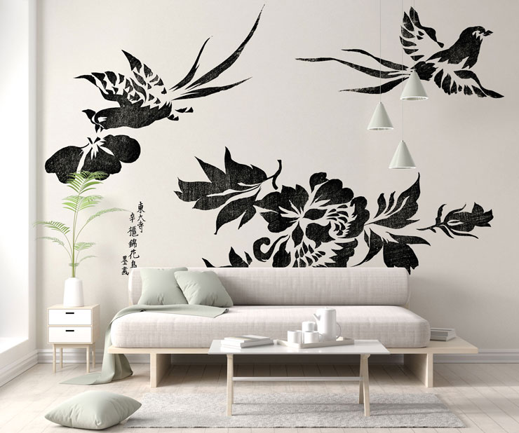 black and white pheasant block print wallpaper in light grey and white lounge