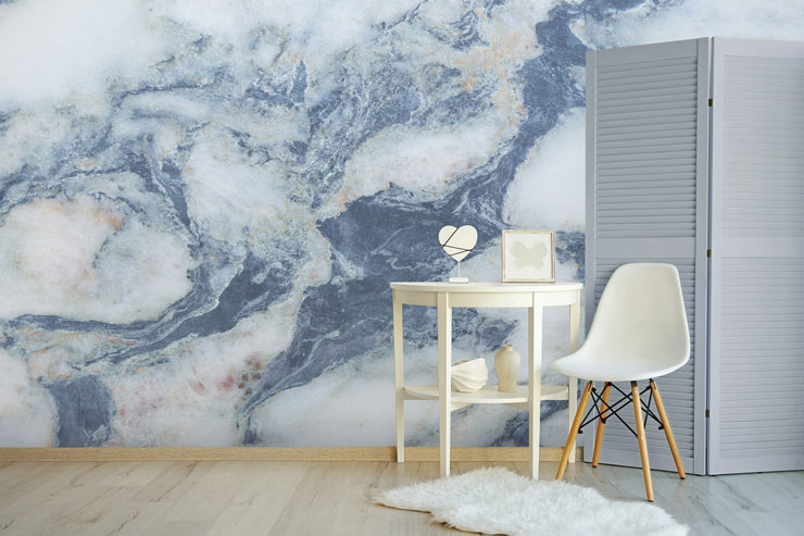 blue and white marble in simple modern room