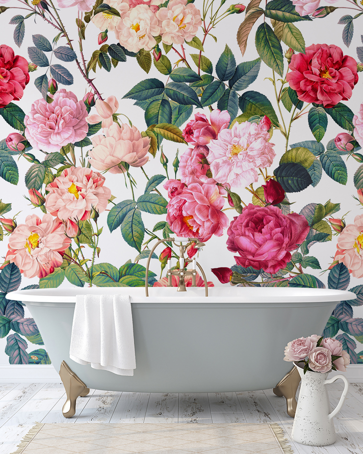 bright botanical wallpaper in bathroom