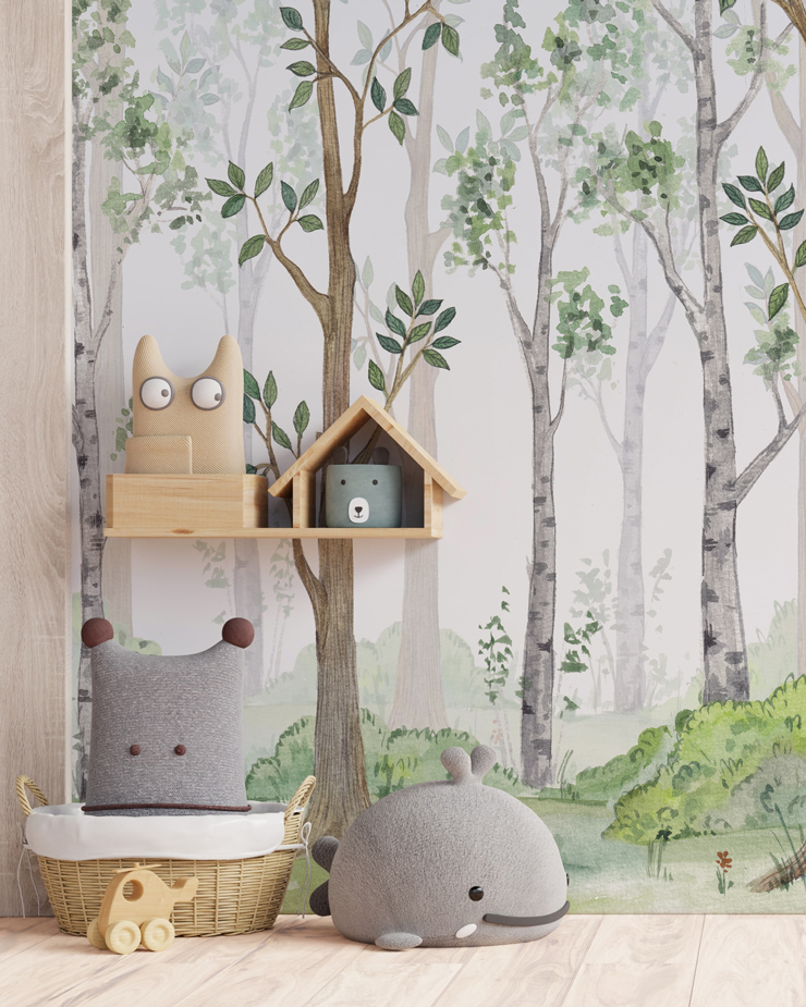forest tree wall mural in Scandi style playroom