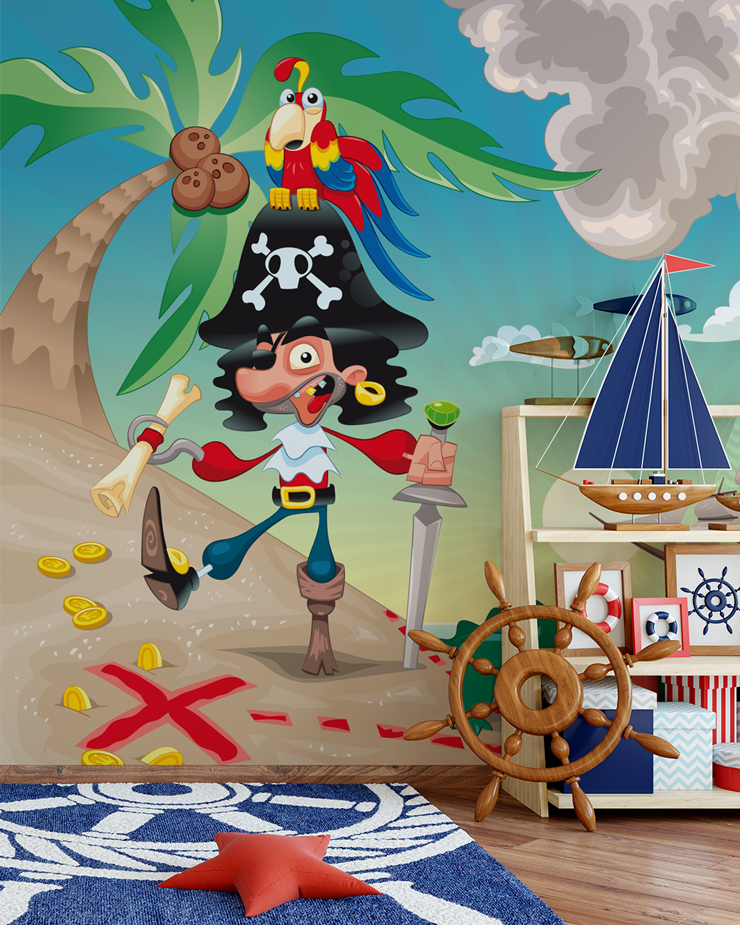 pirate wallpaper mural in playroom