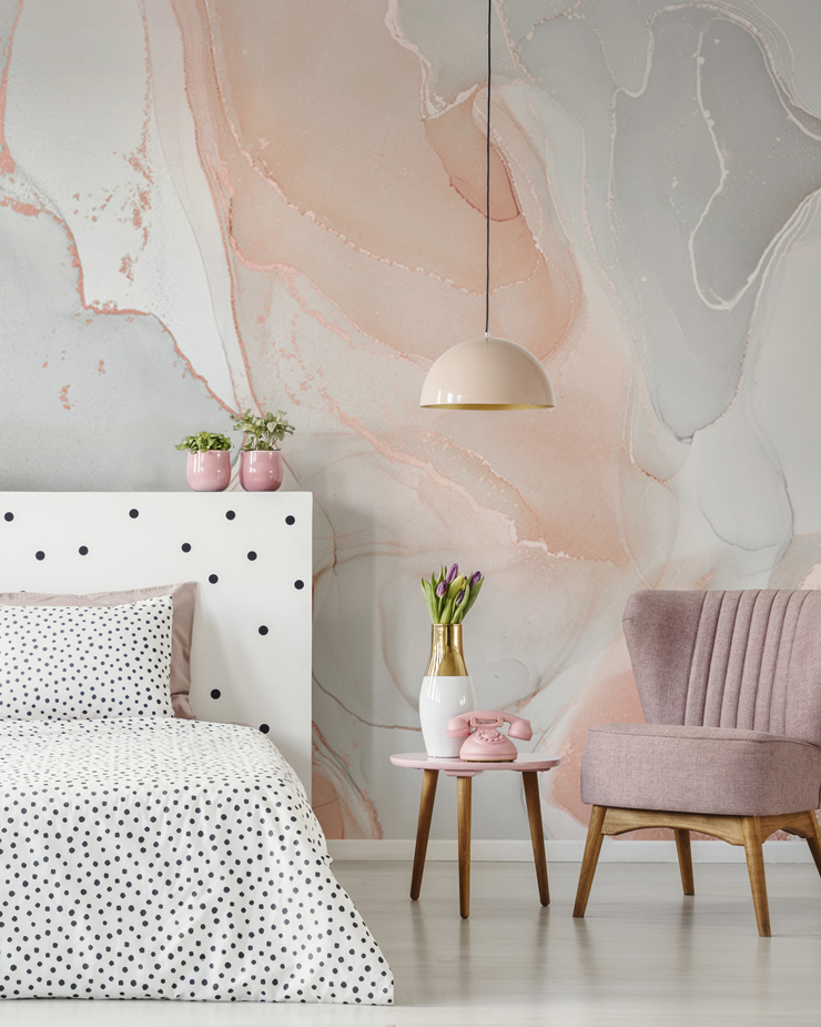 pink watercolour mural in girly bedroom